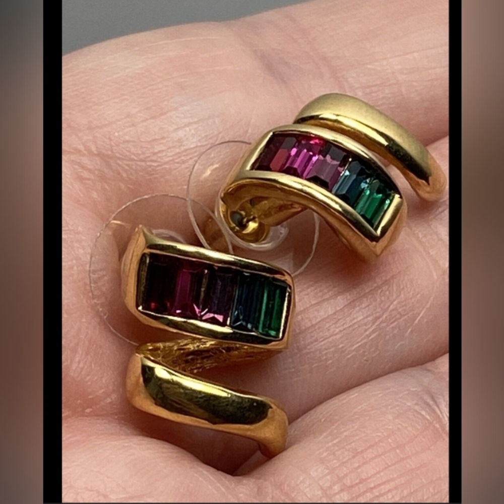 Vintage Earrings Rainbow Glass Pierced Spiral swivel 18kGold Plated
